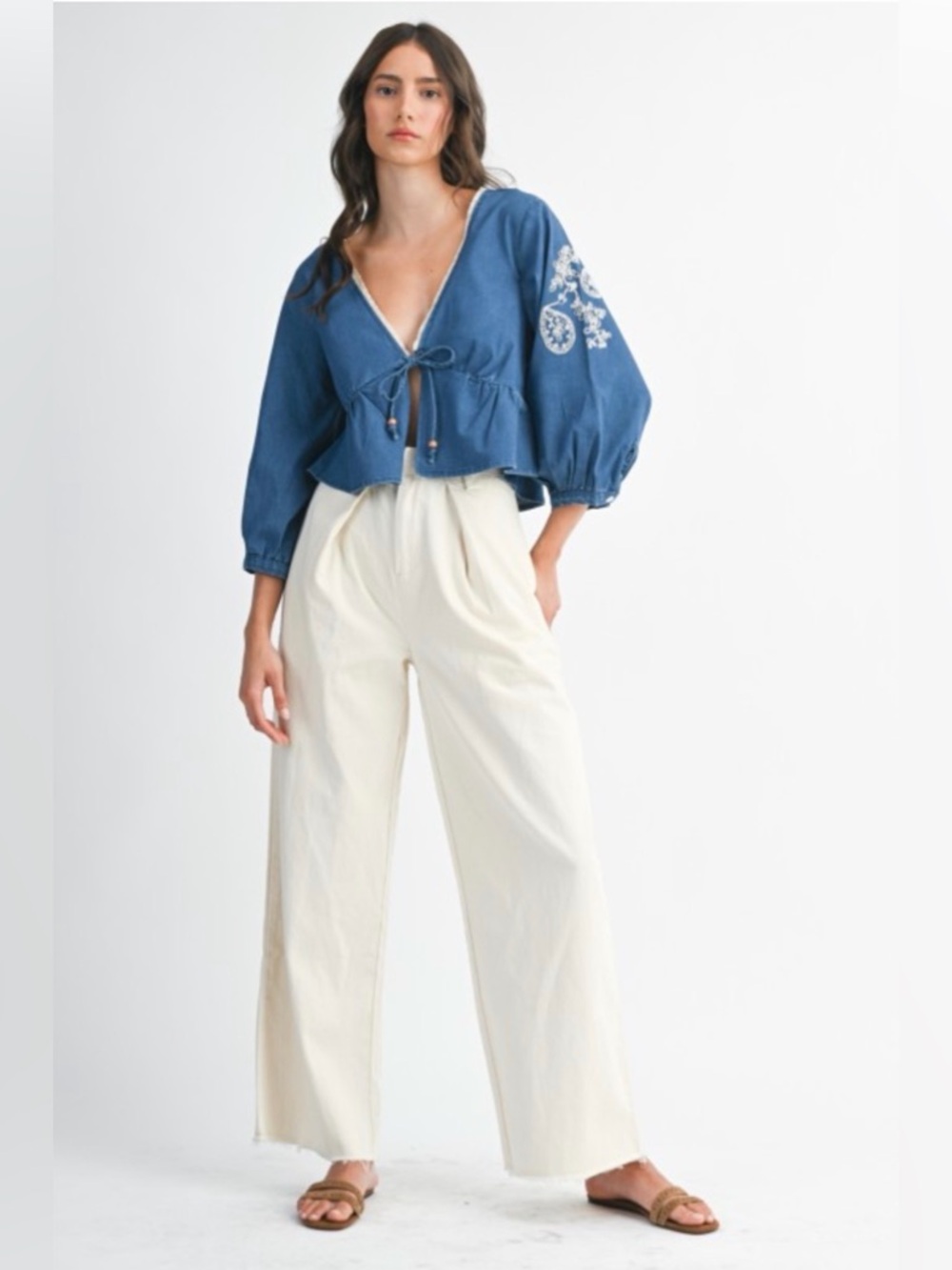 A380. Embroidered V-Neck Peplum Top - Blue - Picture 3 of 8